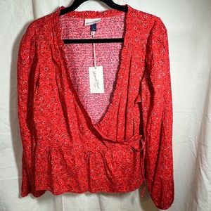 Universal Thread Red Floral Cotton Wrap Blouse Size Large